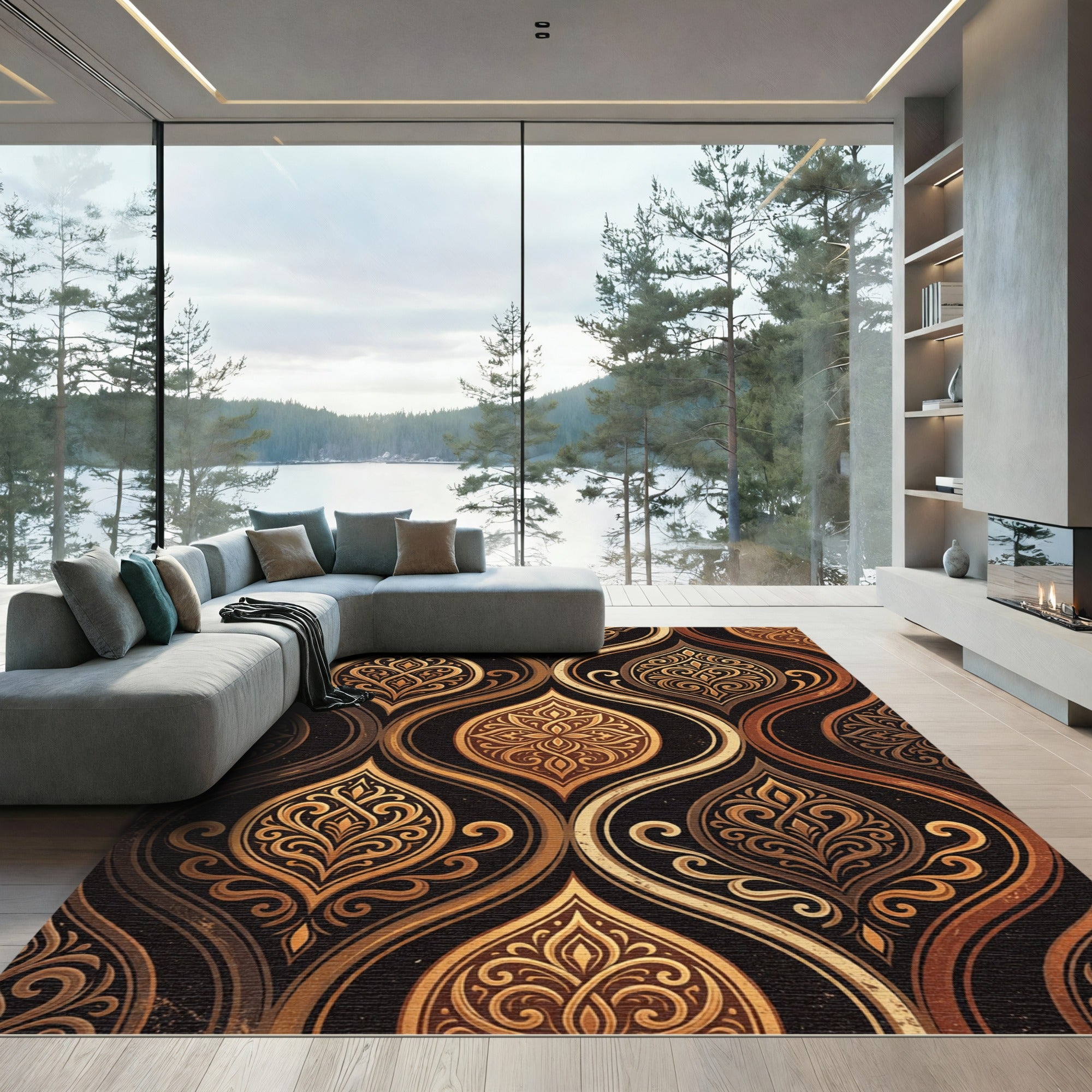 Golden Filigree Damask Scroll Art Rug