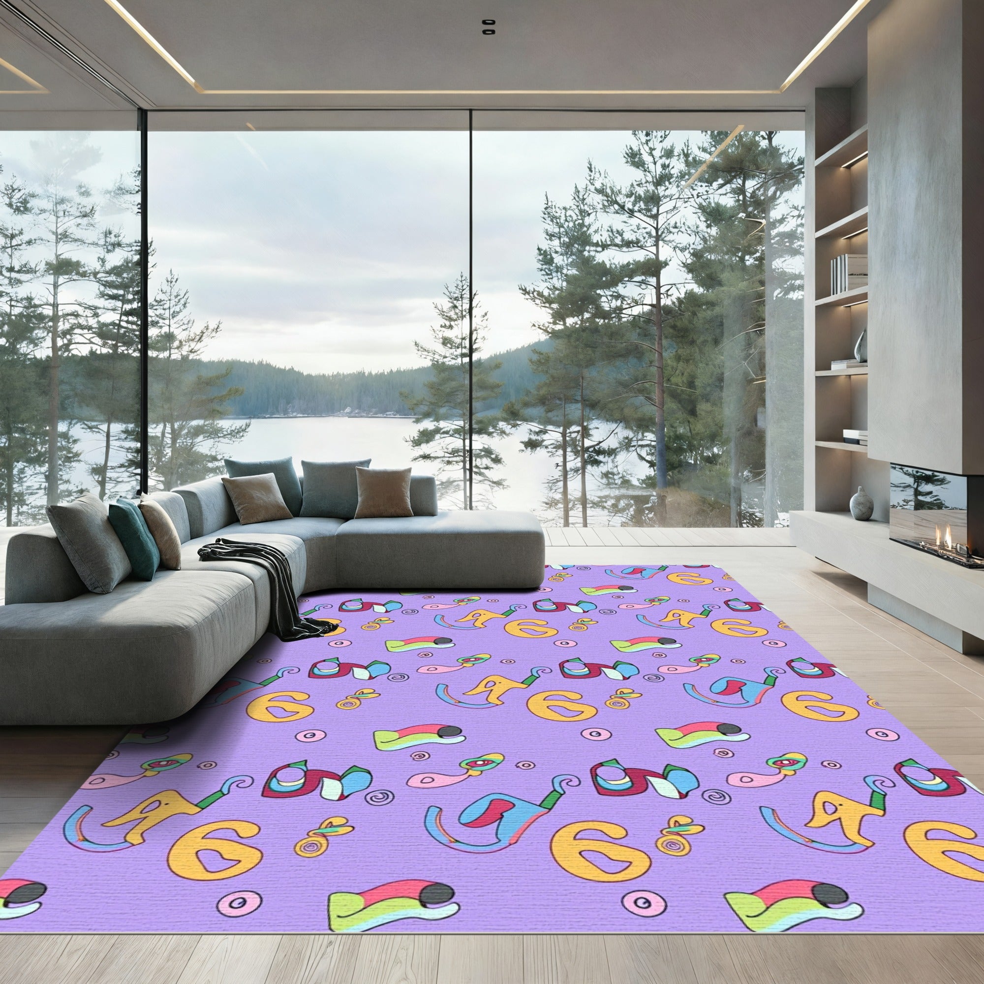 Playful Yellow Number Six Abstract Shapes Rug