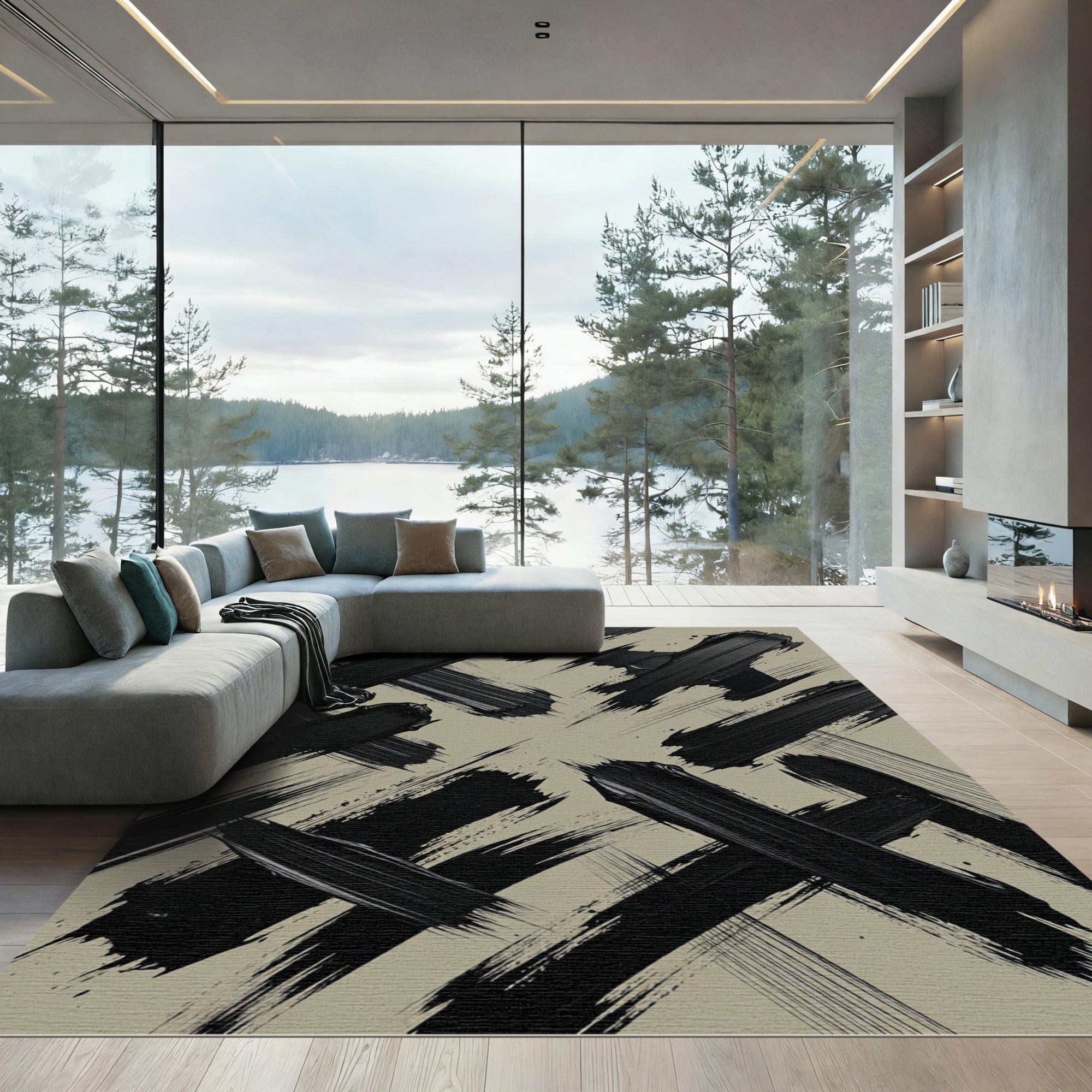 Modern Black Abstract Brushwork Rug