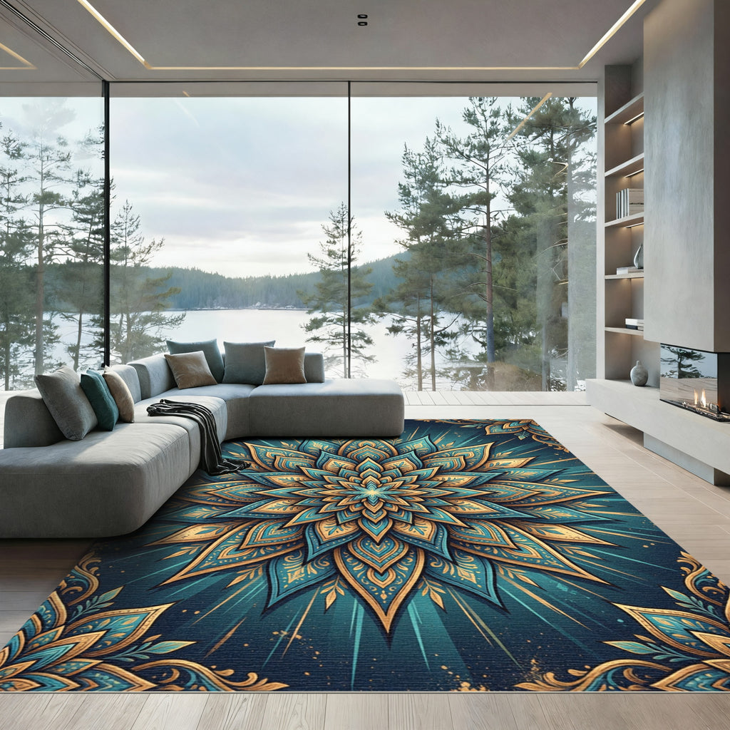 Teal and Gold Radiant Lotus Medallion Rug