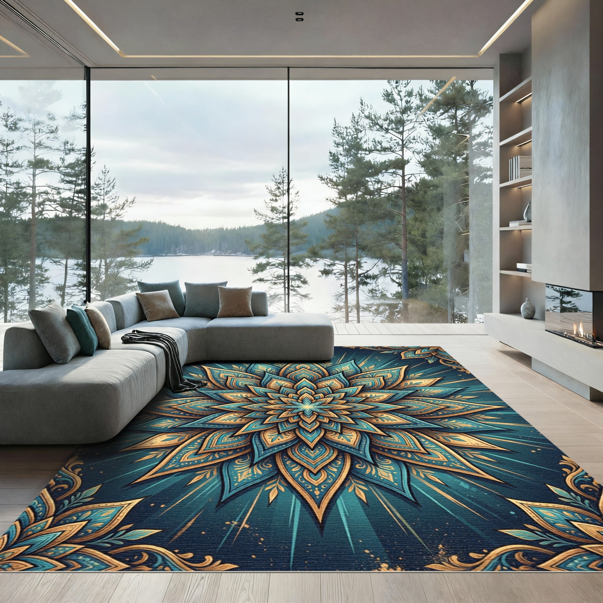 Teal and Gold Radiant Lotus Medallion Rug