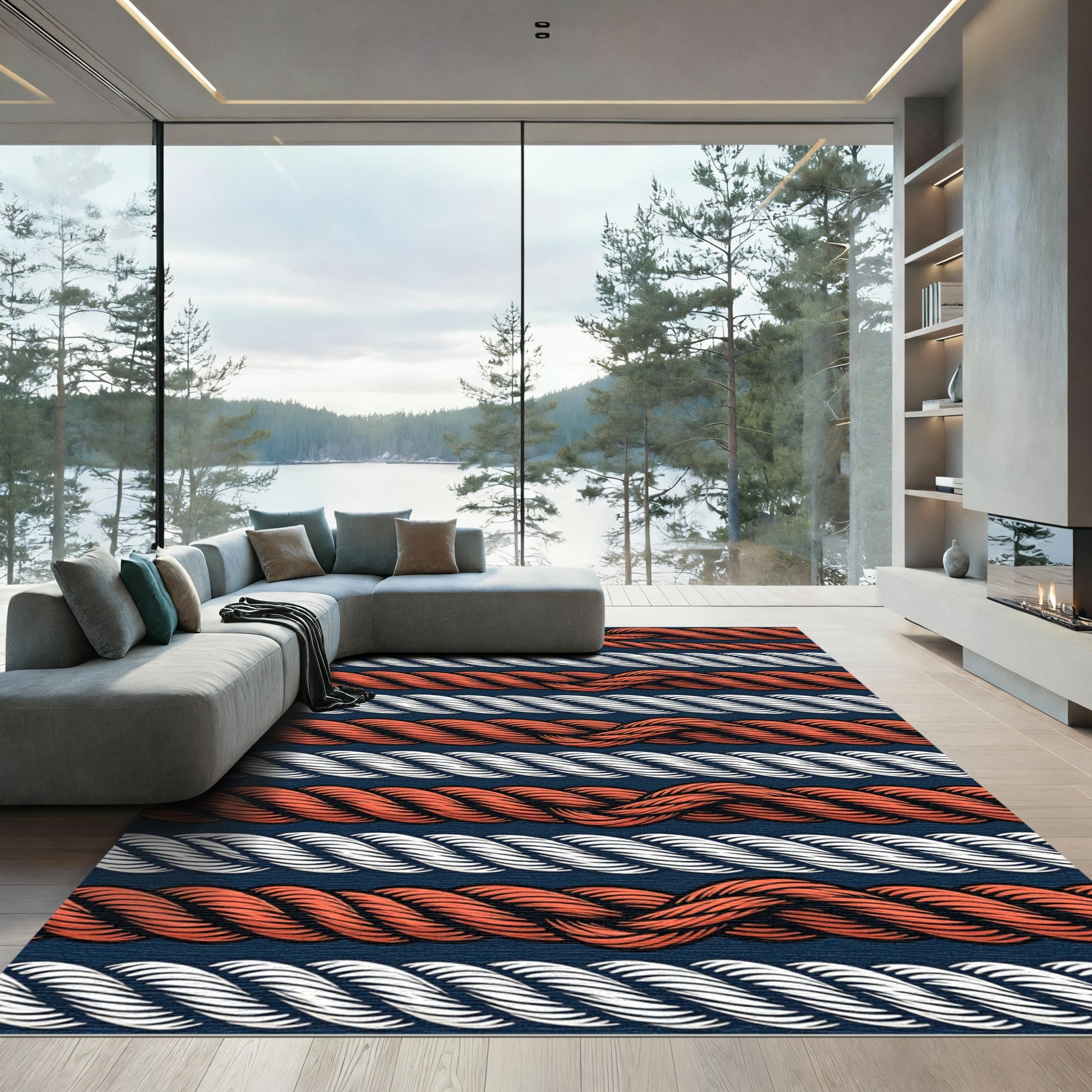 Red White Twisted Rope Stripes Rug