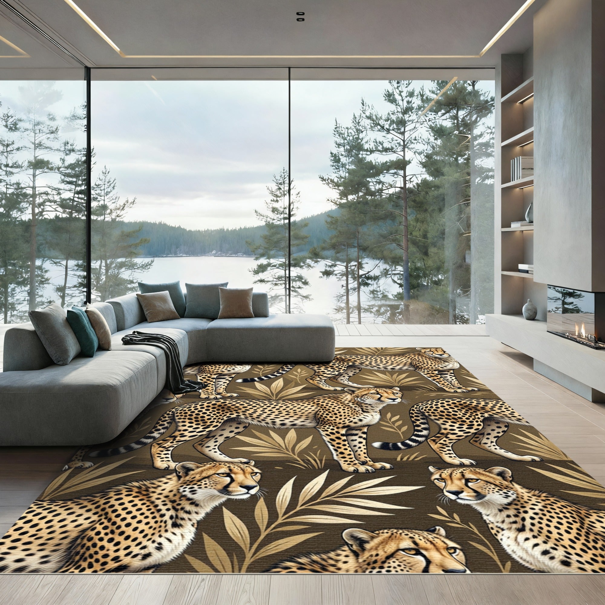 Golden Cheetah Tropical Leaf Wallpaper Rug