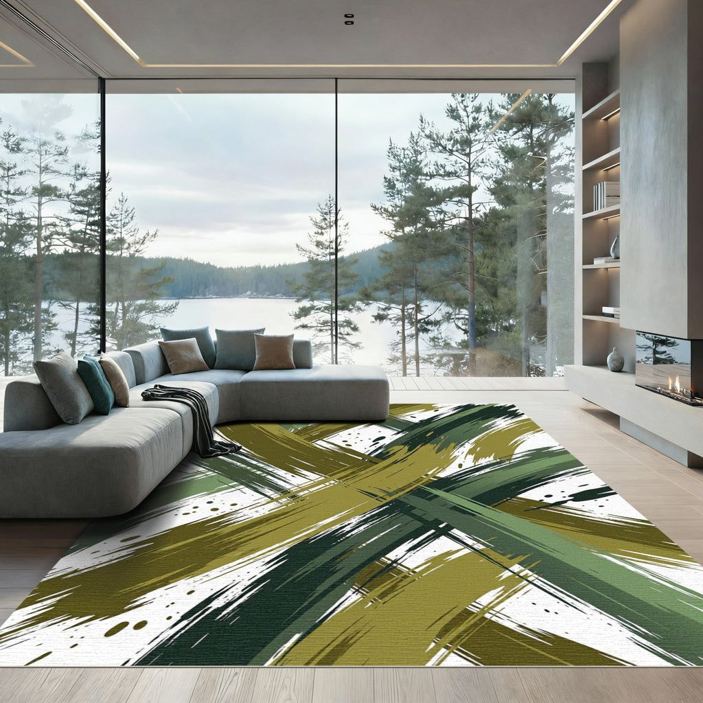 Abstract Olive Green Crossed Brushstrokes Rug