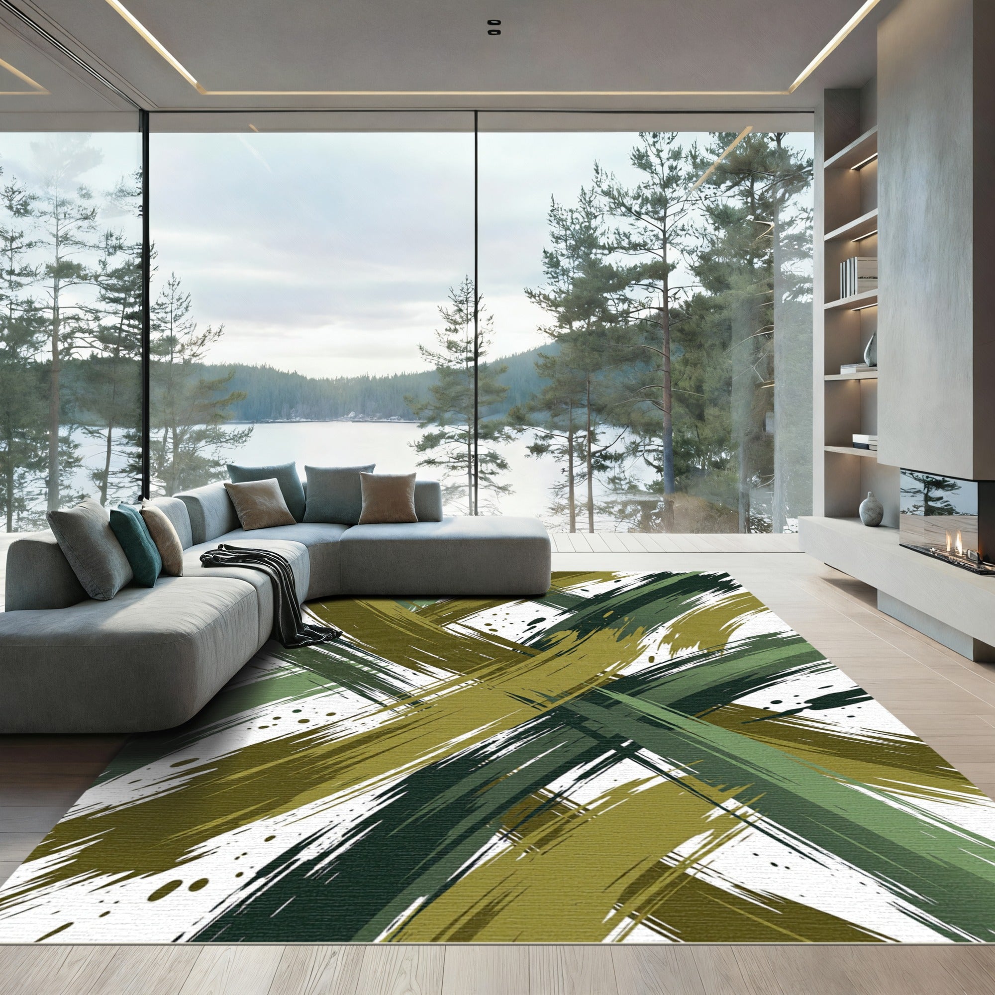 Abstract Olive Green Crossed Brushstrokes Rug