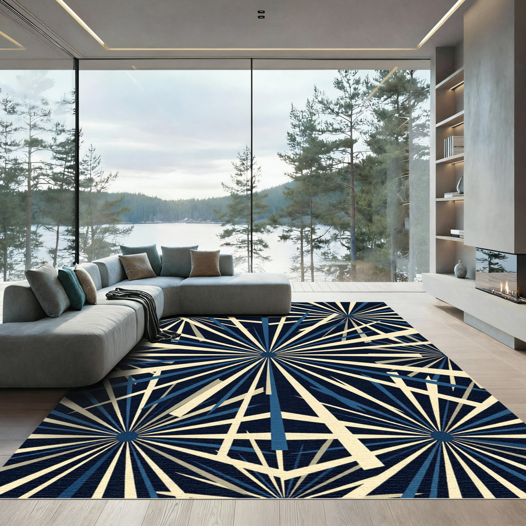 Dark Navy Cream Starburst Rays Rug