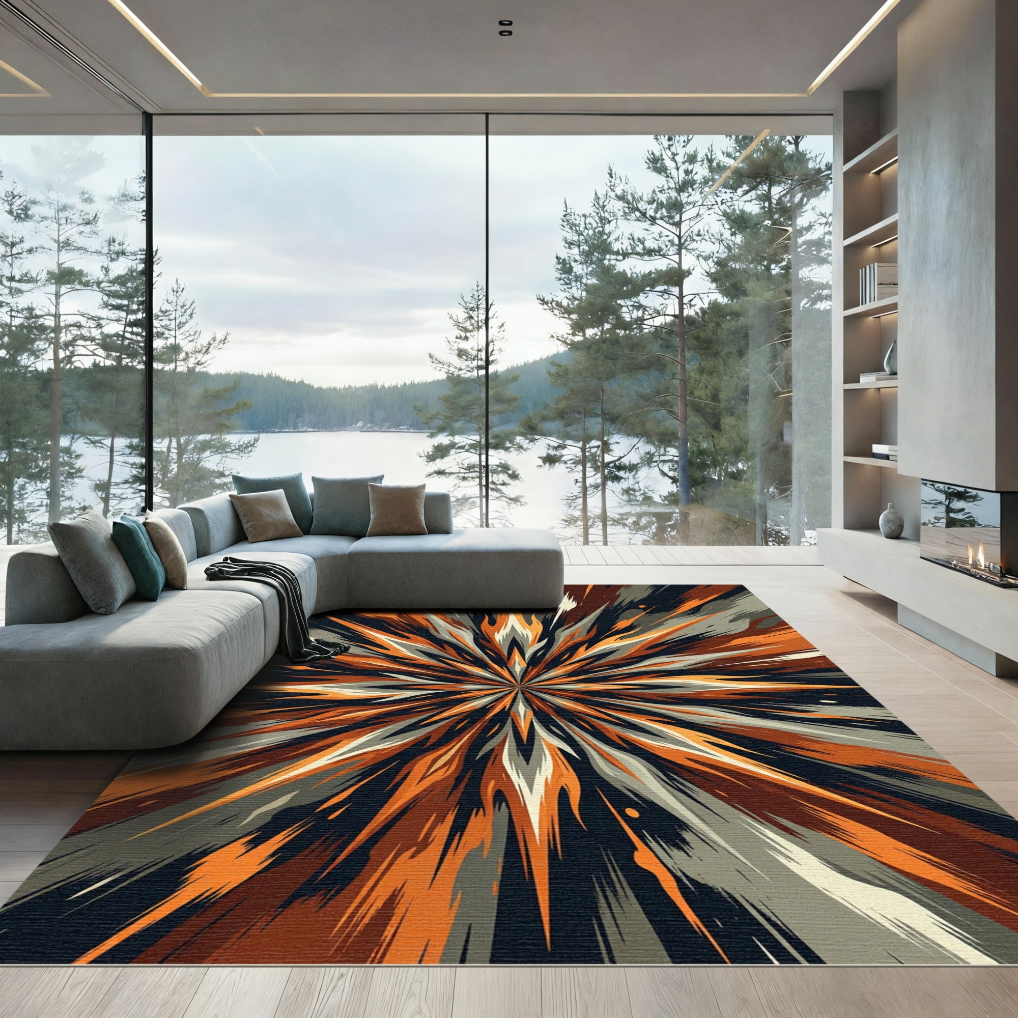 Explosive Orange and Gray Starburst Rug