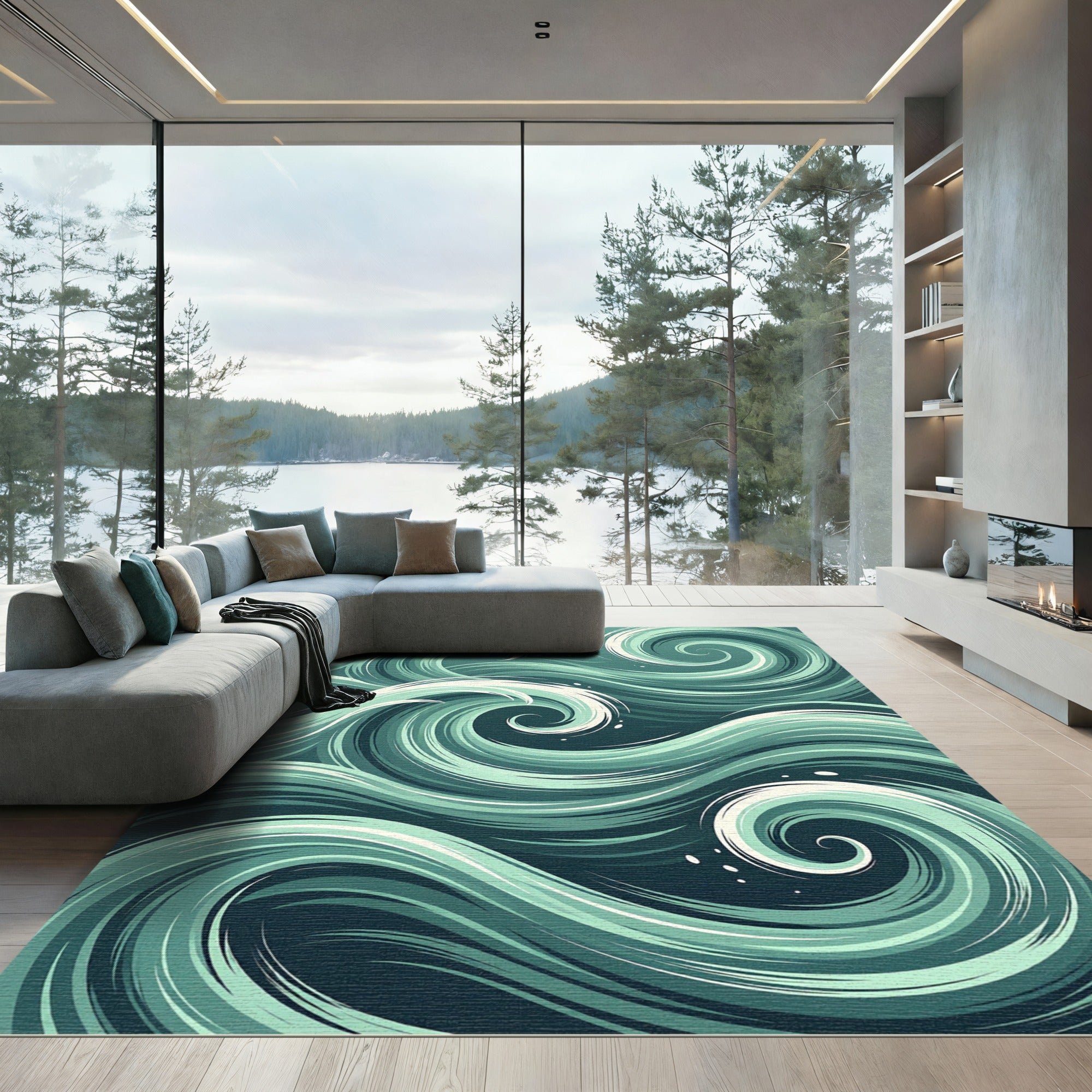 Flowing Teal Ocean Wave Swirl Rug