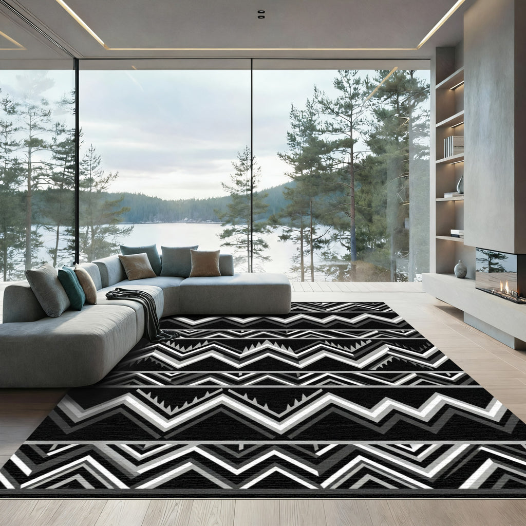 Monochromatic Black White Stripe Zigzag Rug