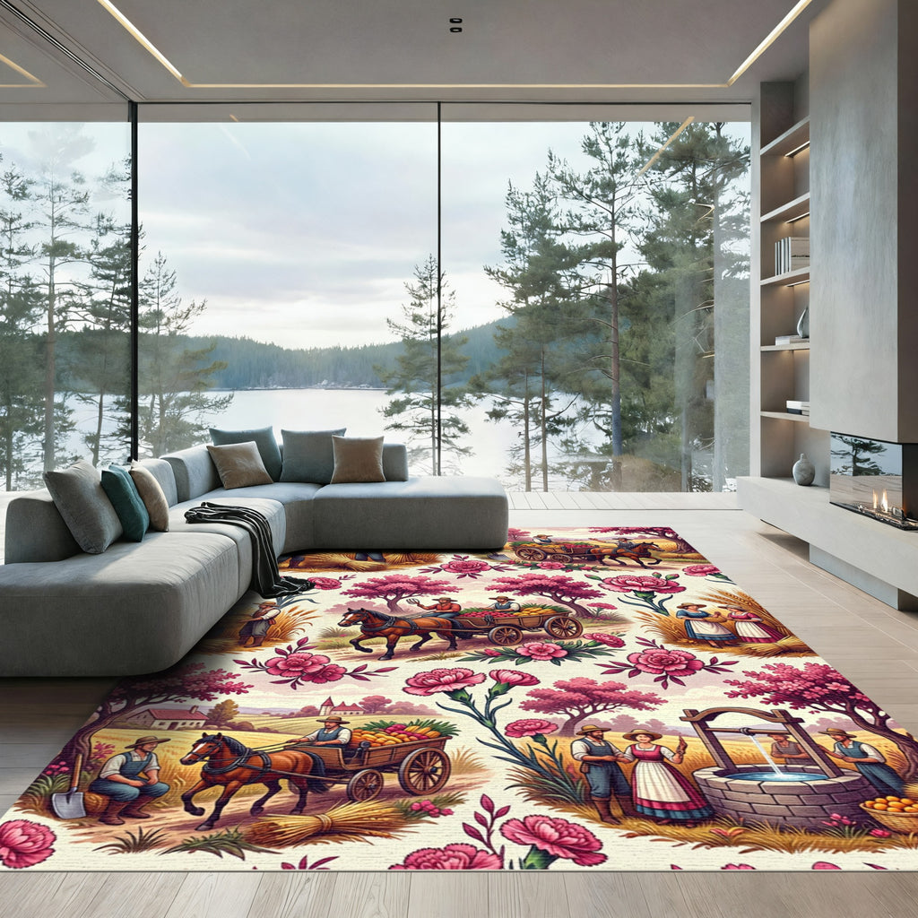 Farm Harvest Pink Carnation Scenic Rug