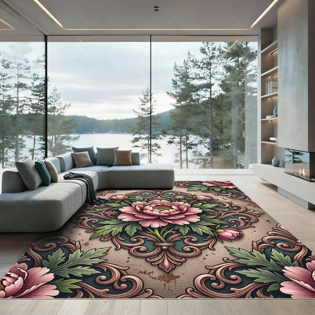 Elegant Blush Peony Filigree Damask Rug