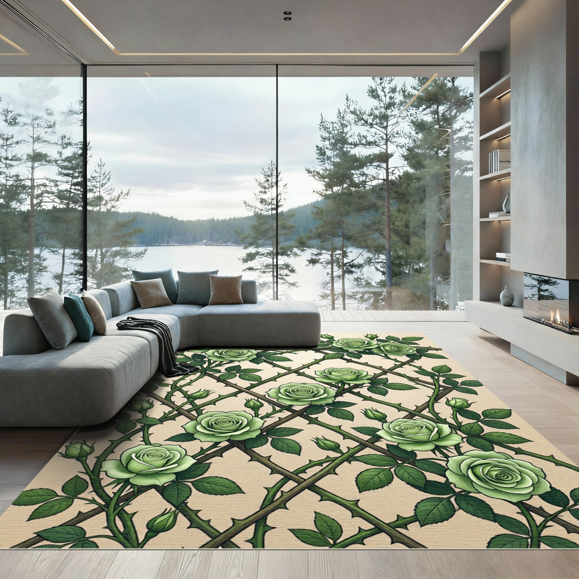 Green Rose Trellis Climbers Rug