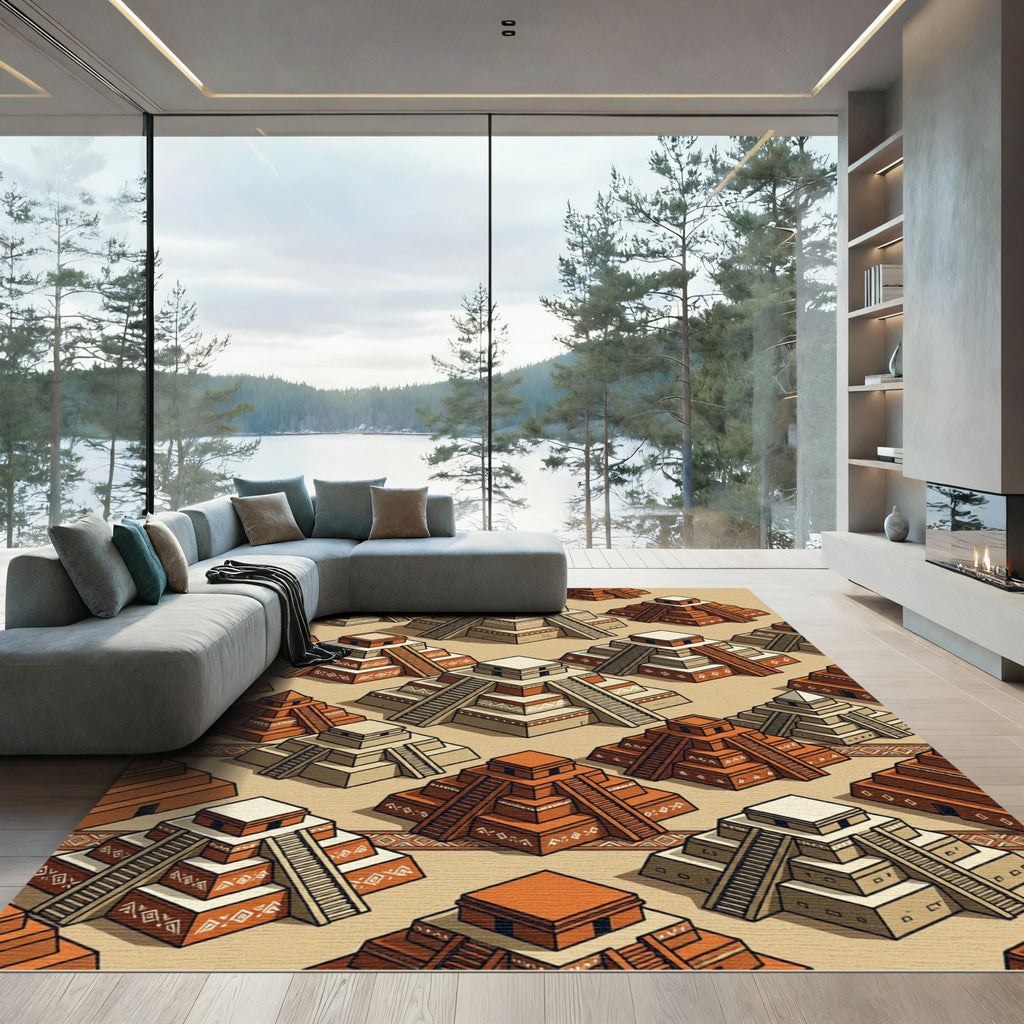 Isometric Terracotta Stone Mayan Pyramid Grid Rug
