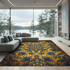 Golden Yellow Blue Floral Damask Rug