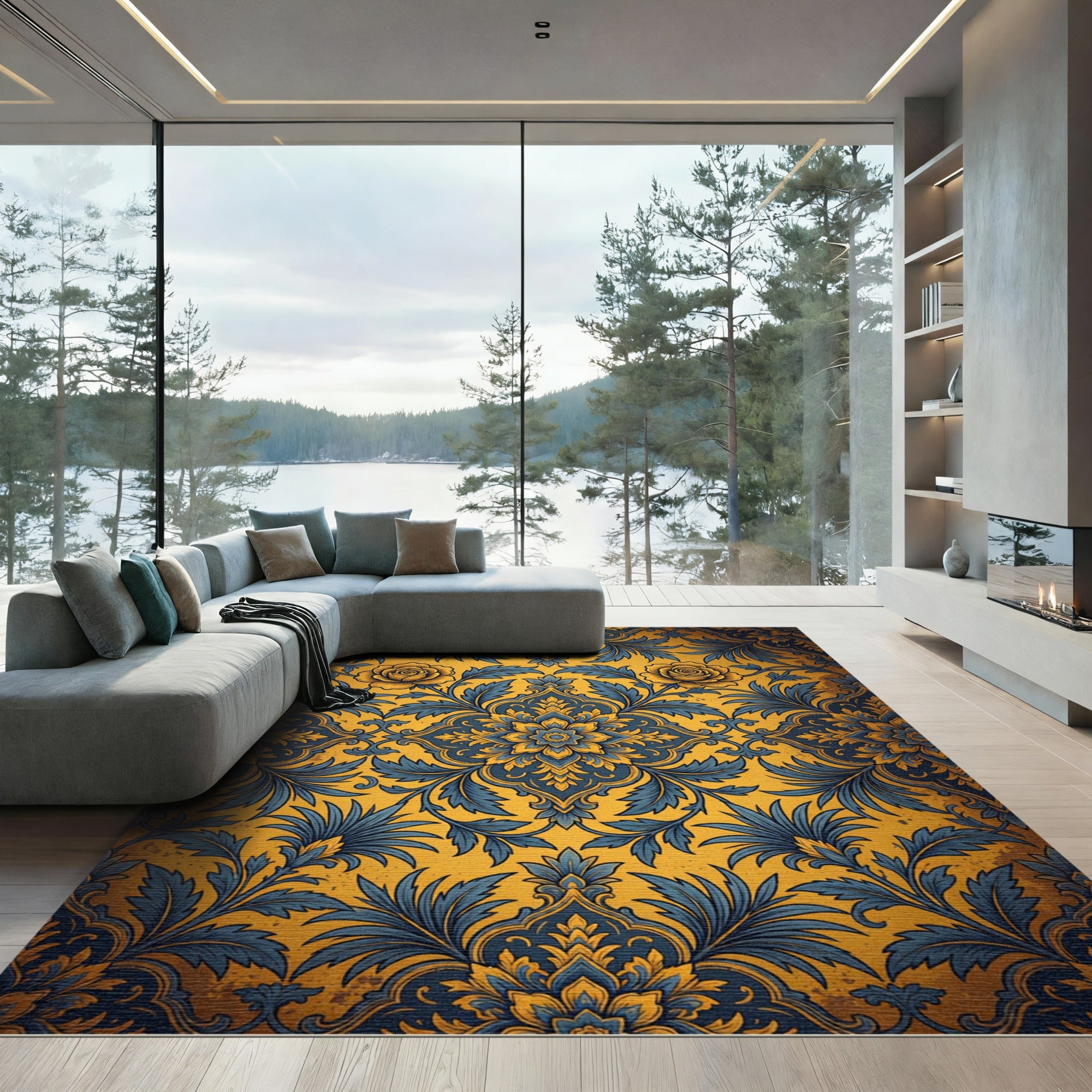 Golden Yellow Blue Floral Damask Rug