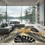 Black and Gold Tropical Palm Leaf Rug