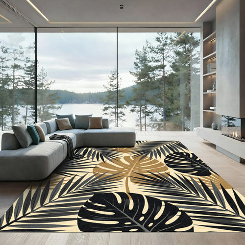 Black and Gold Tropical Palm Leaf Rug