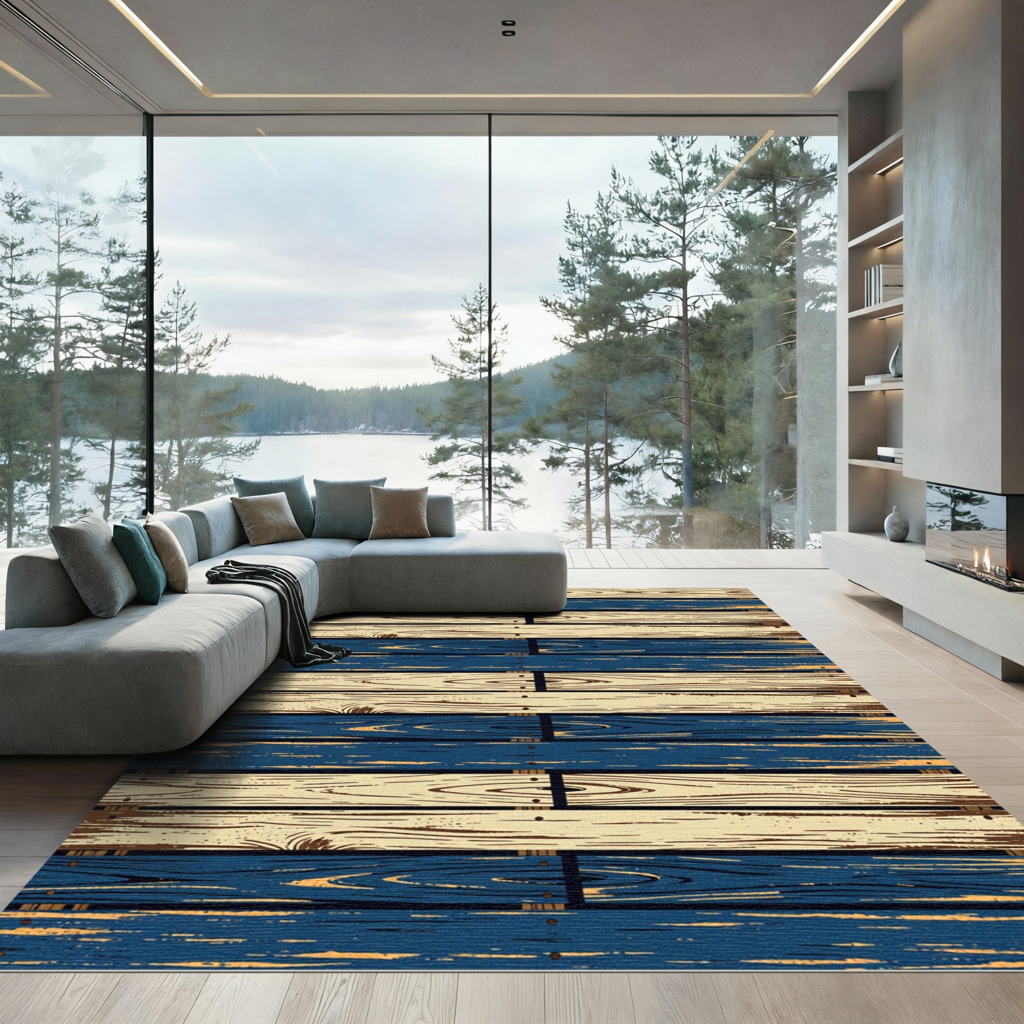 Rustic Navy and Cream Striped Planks Rug