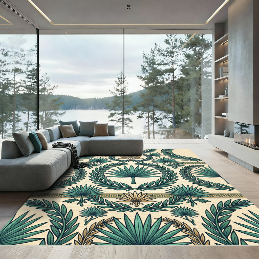 Neoclassical Green Palm Leaf Laurel Rug