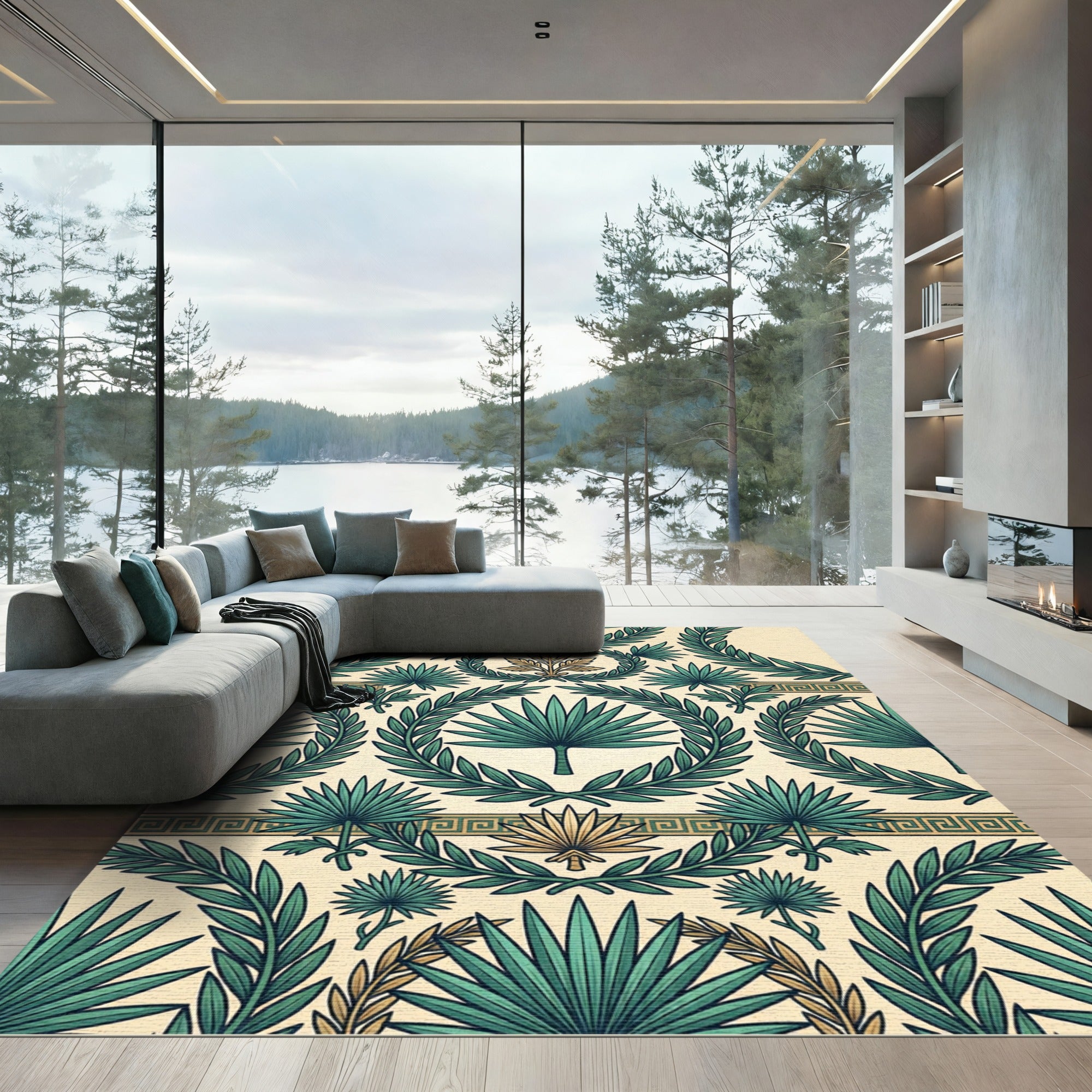 Neoclassical Green Palm Leaf Laurel Rug