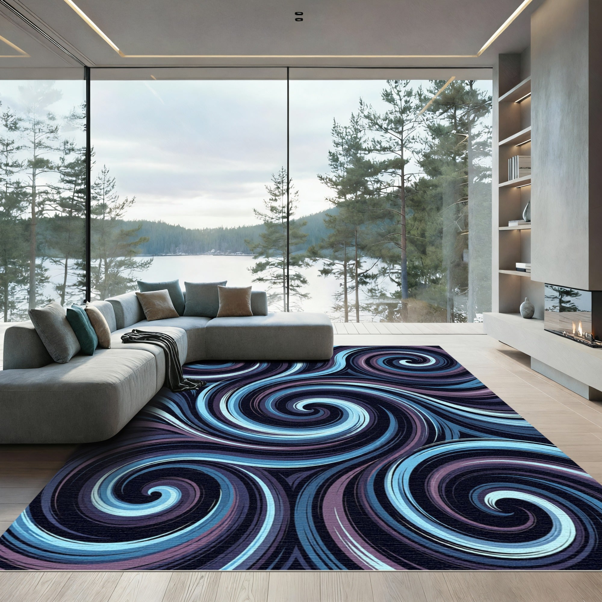 Dark Blue Swirling Abstract Ribbons Rug