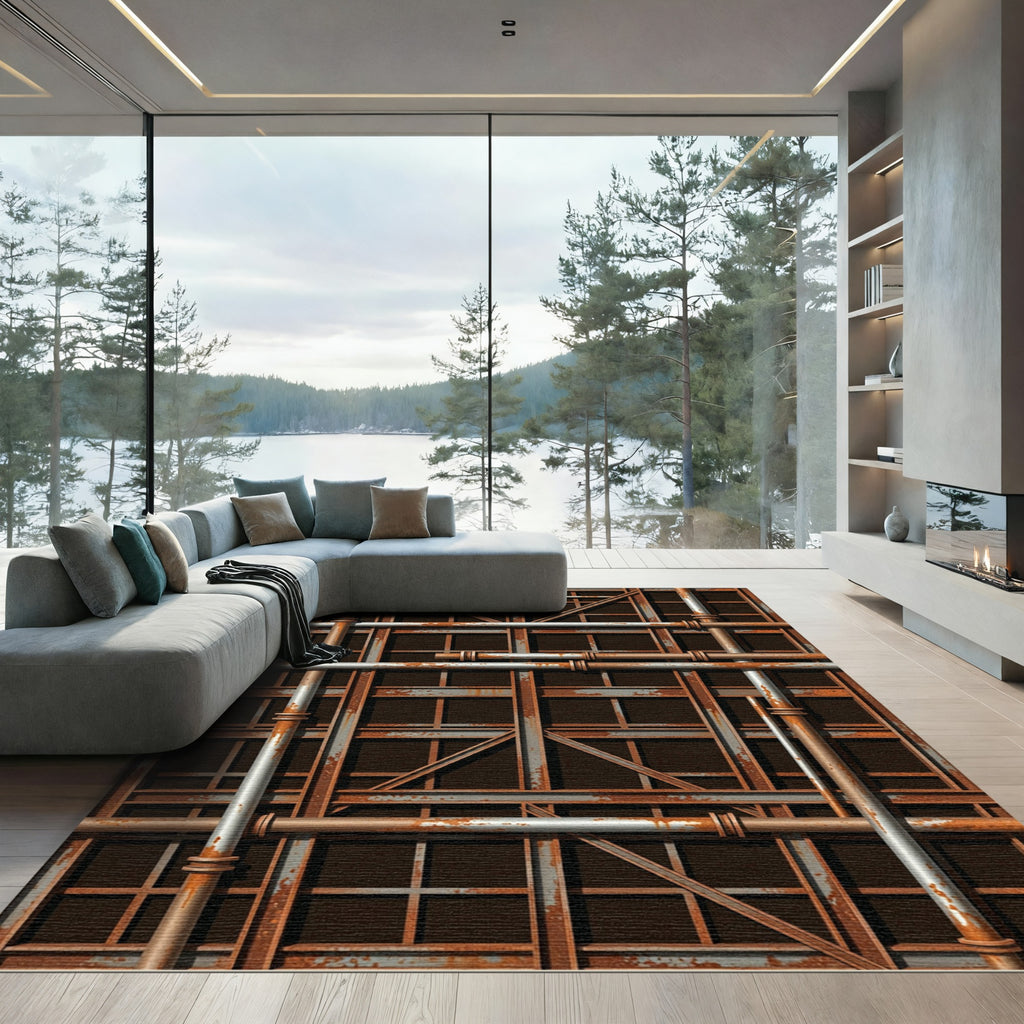 Industrial Rusted Metal Grid Pipeline Rug