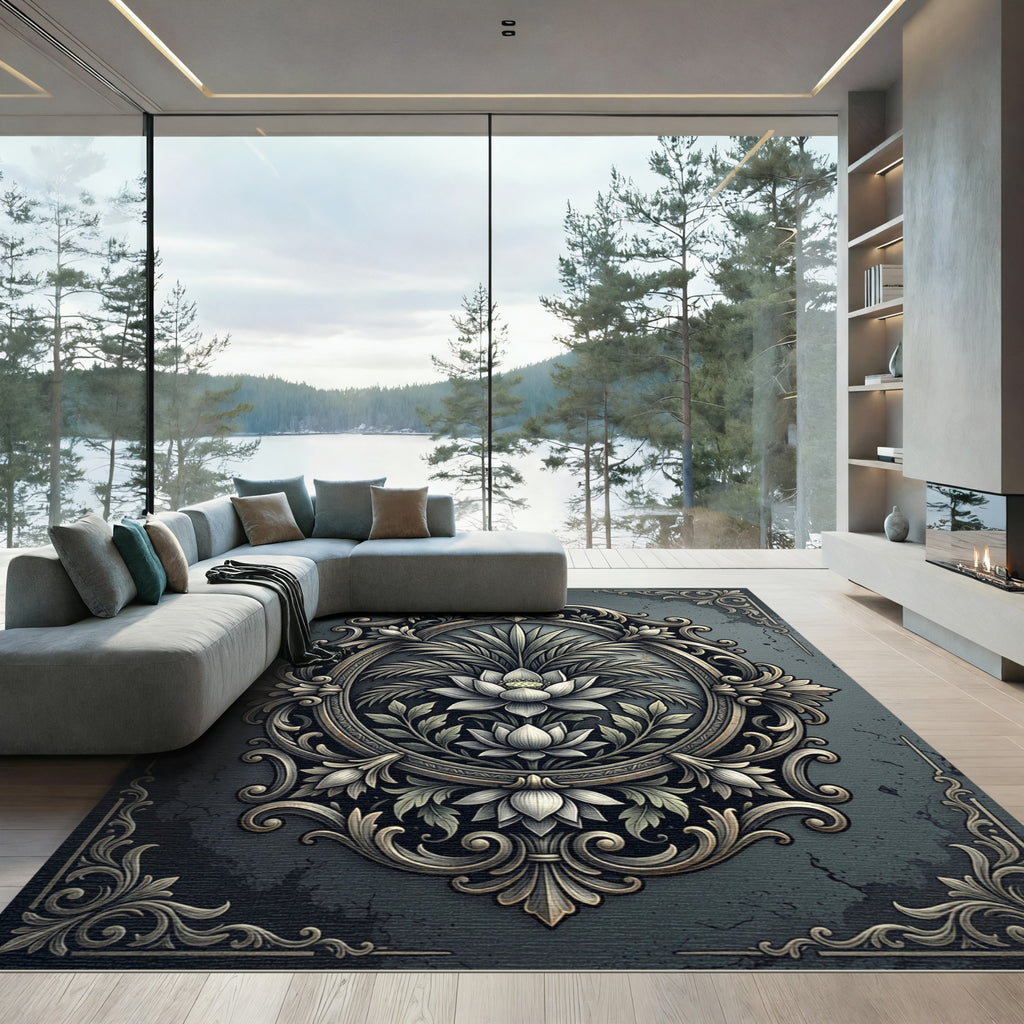 Elegant Slated Gray Lotus Scroll Medallion Rug