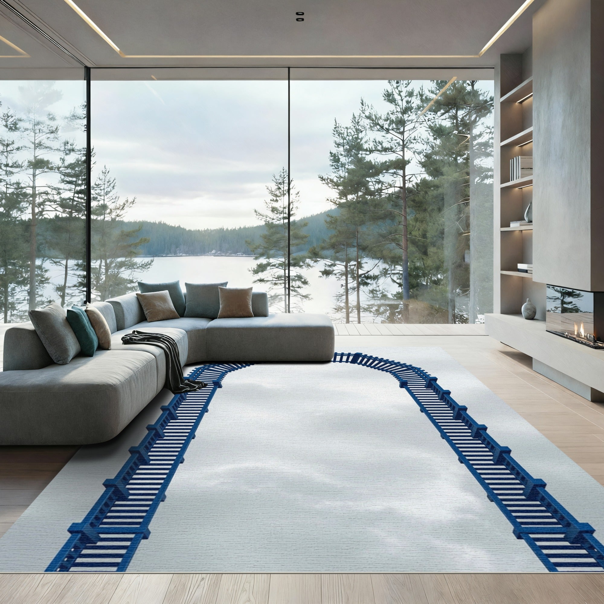 Minimalist Navy Arched Lattice Grid Rug