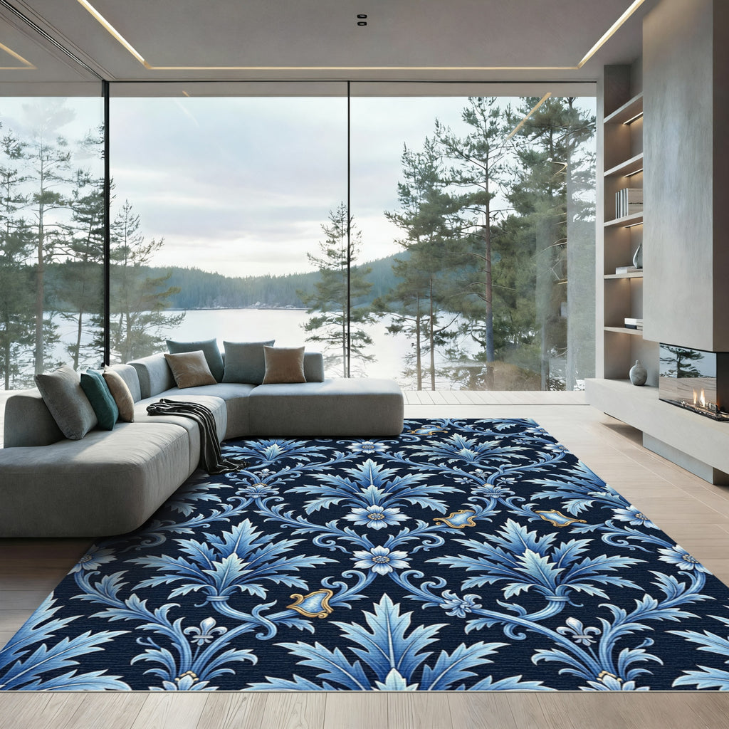 Deep Blue Accented Floral Scroll Rug