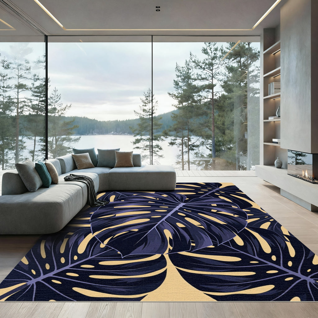 Dark Navy Tropical Monstera Leaf Art Rug