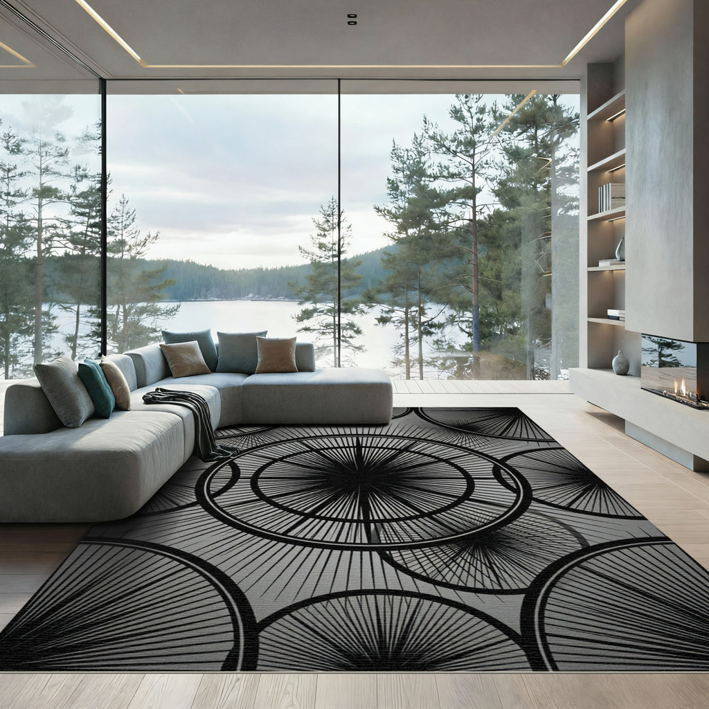 Modern Monochrome Radial Burst Circular Rug