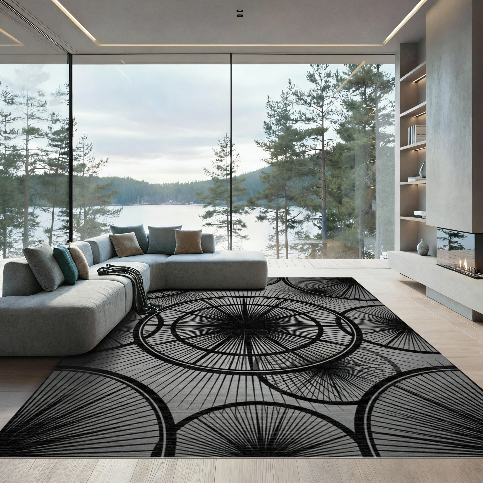 Modern Monochrome Radial Burst Circular Rug