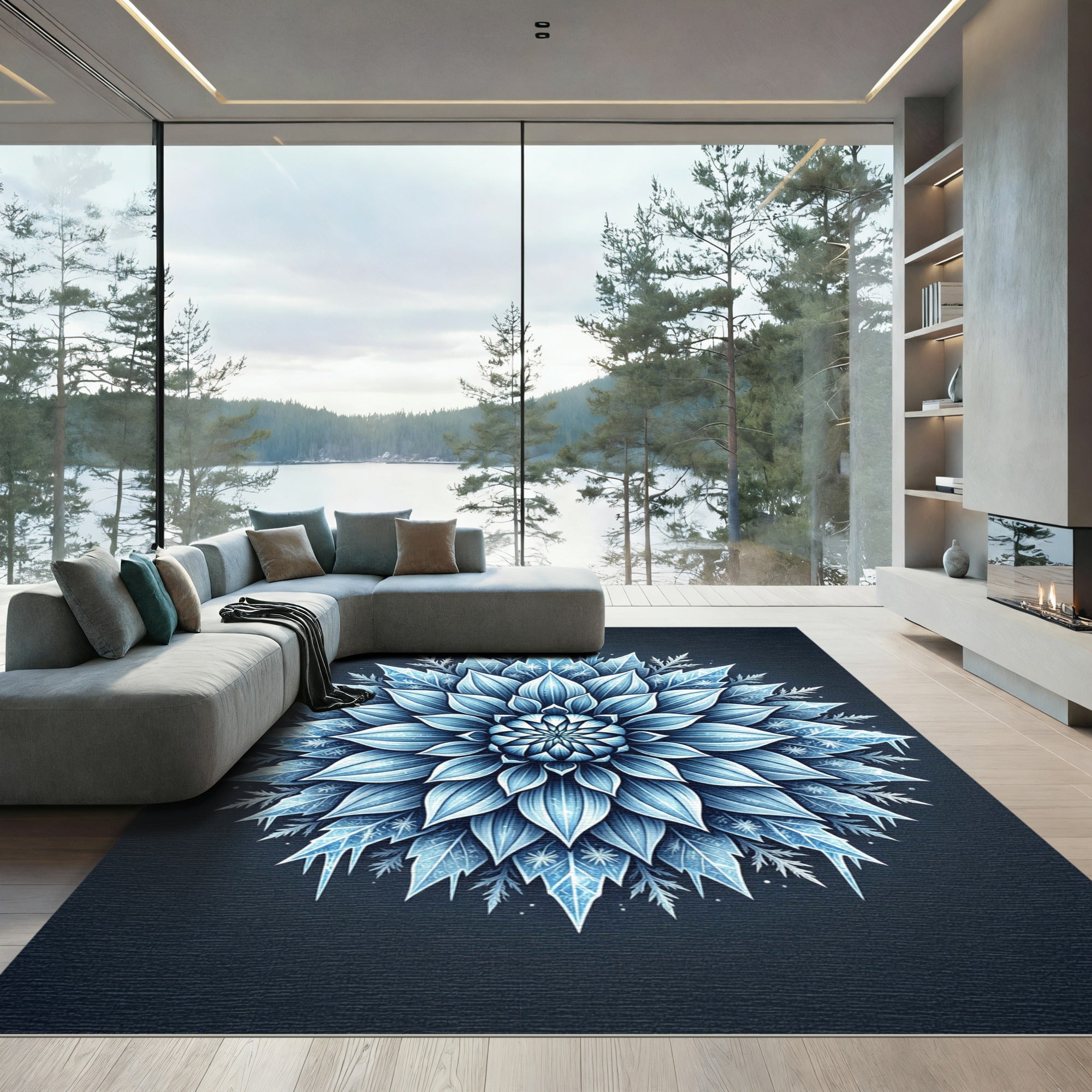 Frozen Blue Sapphire Winter Frost Mandala Rug