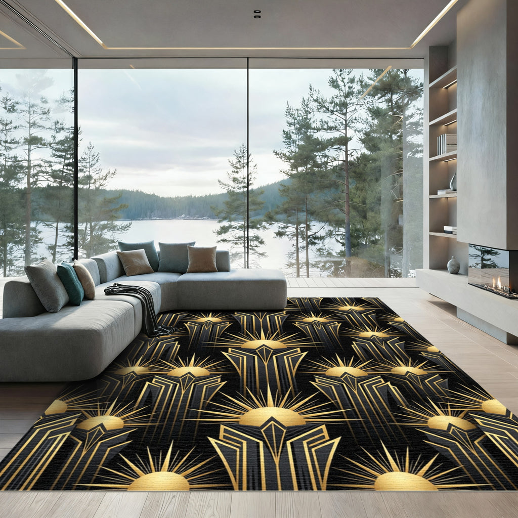 Art Deco Black and Gold Sunburst Rug