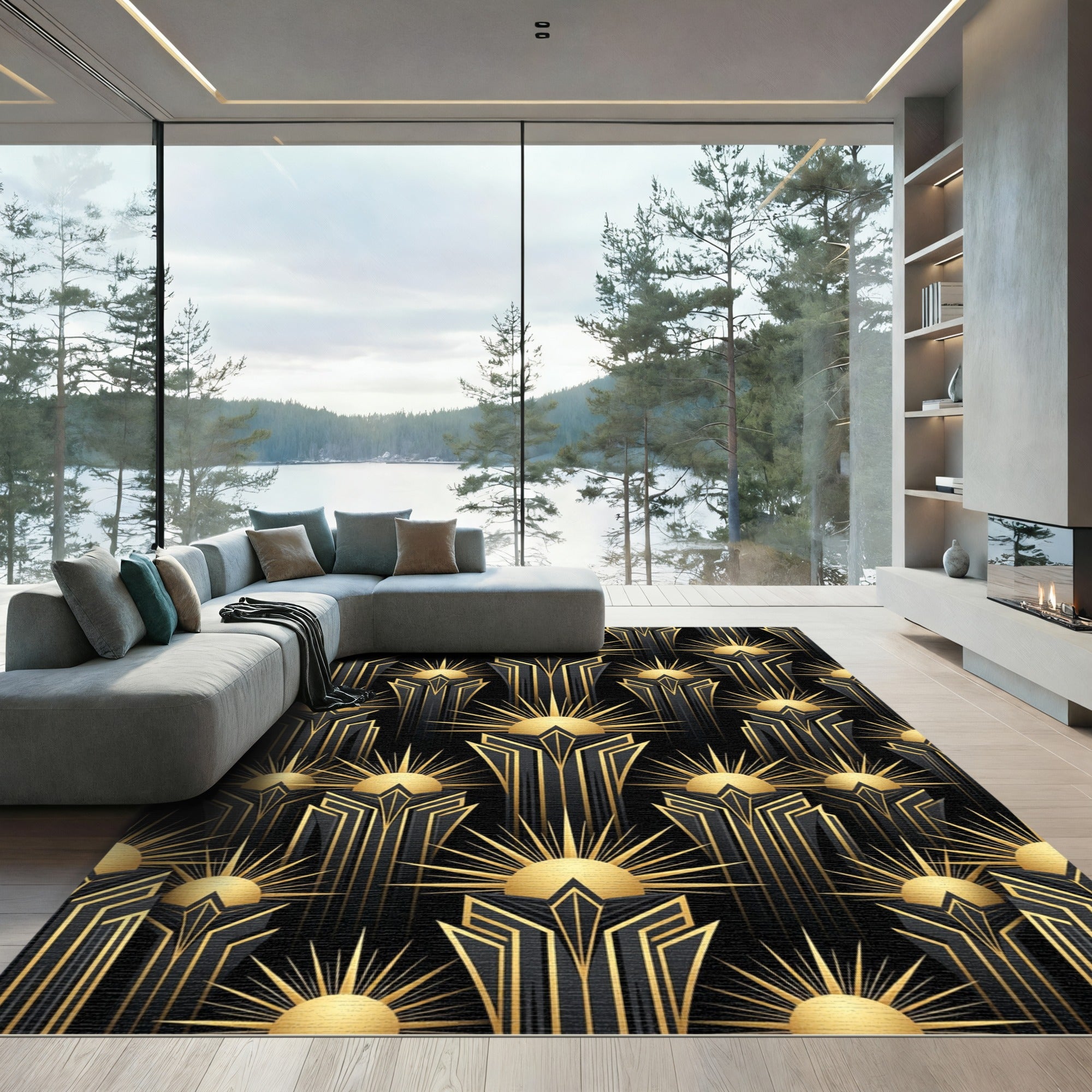 Art Deco Black and Gold Sunburst Rug
