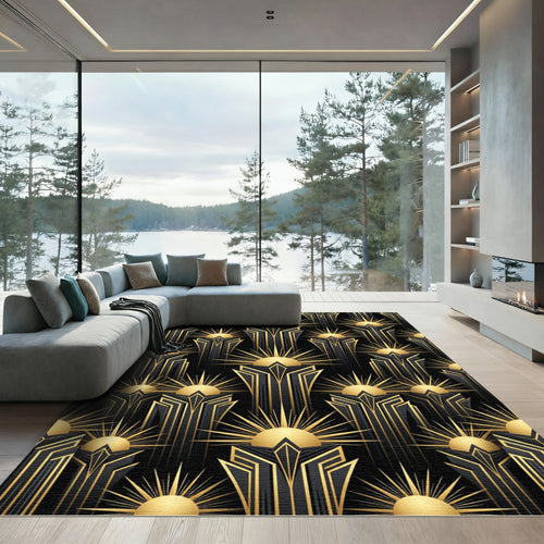 Art Deco Black and Gold Sunburst Rug