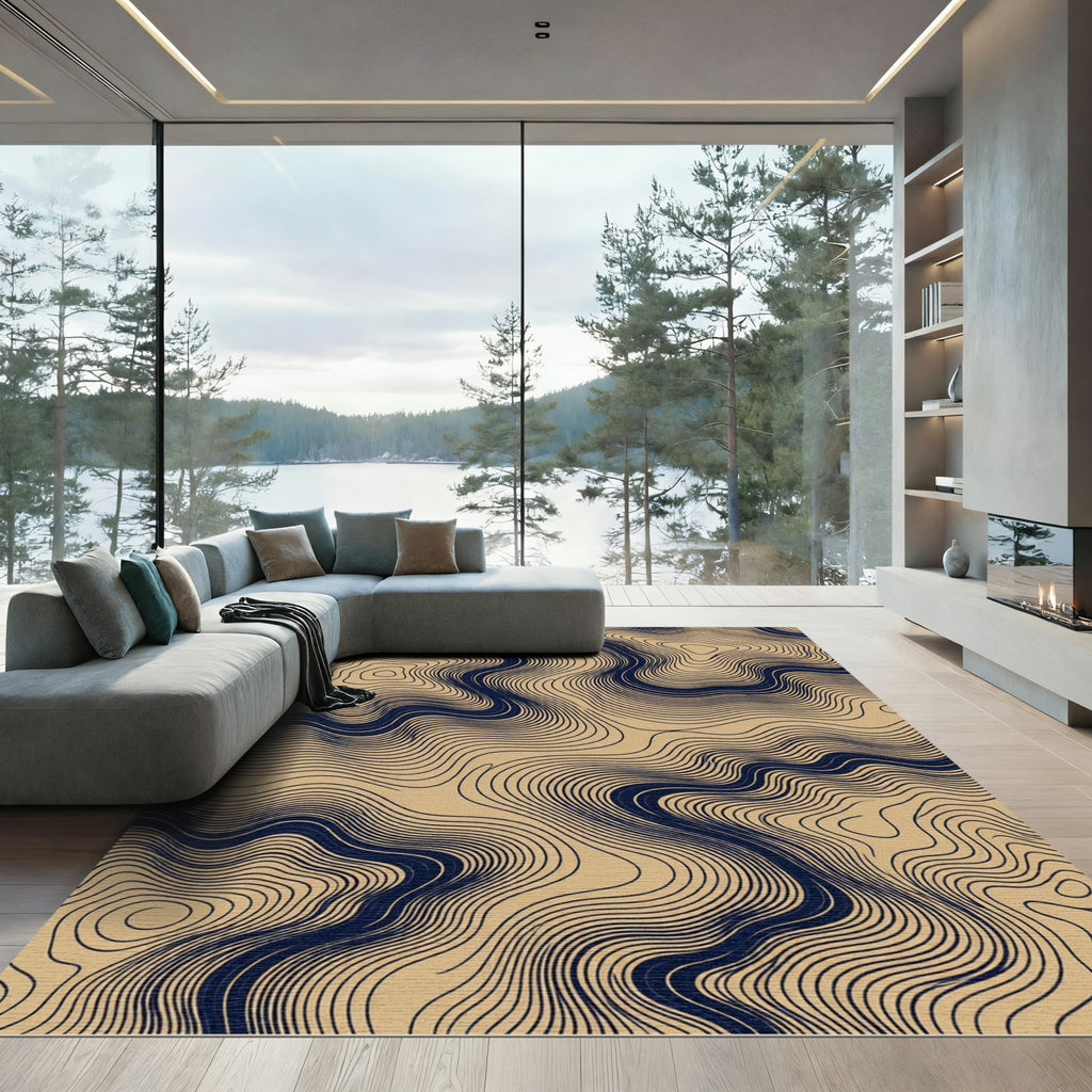 Abstract Navy and Sand Wave Contour Rug