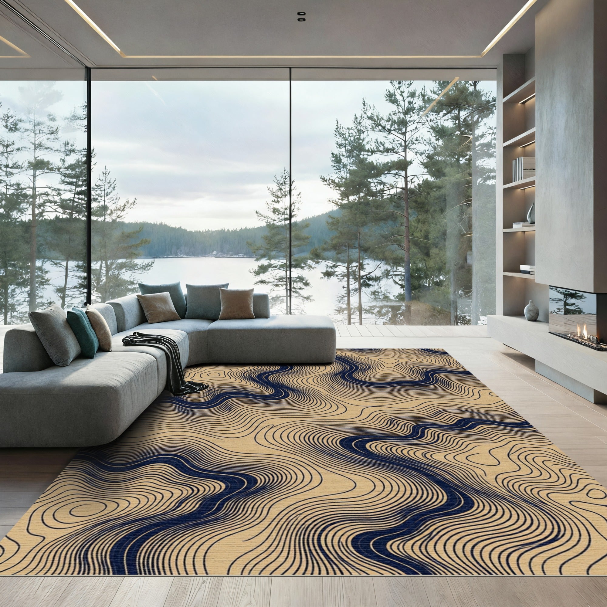 Abstract Navy and Sand Wave Contour Rug