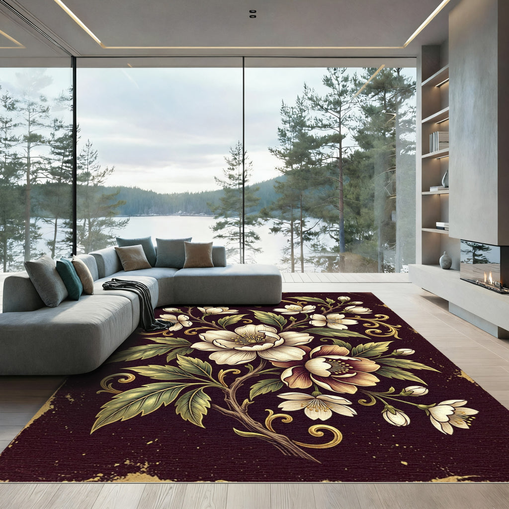 Elegant White Floral Dark Gold Vine Rug
