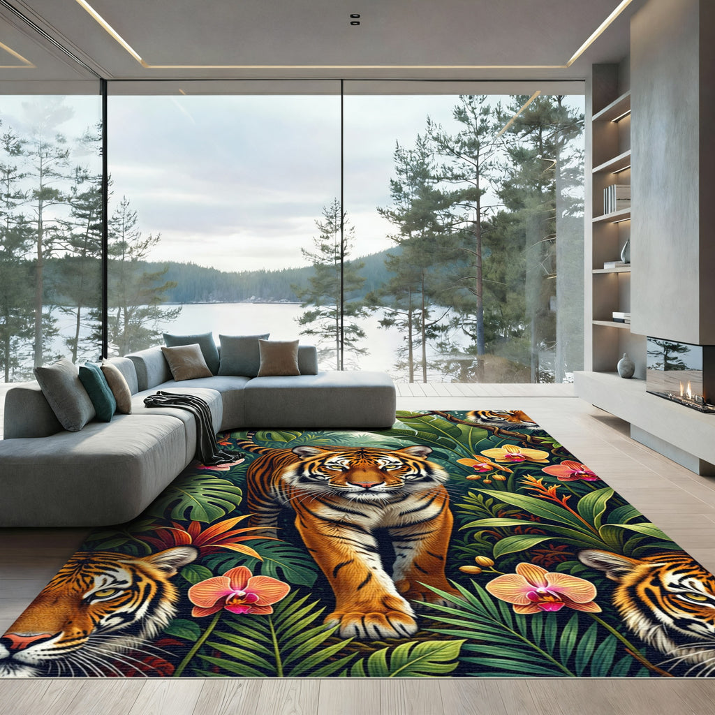 Lush Botanical Tiger Jungle Scene Rug