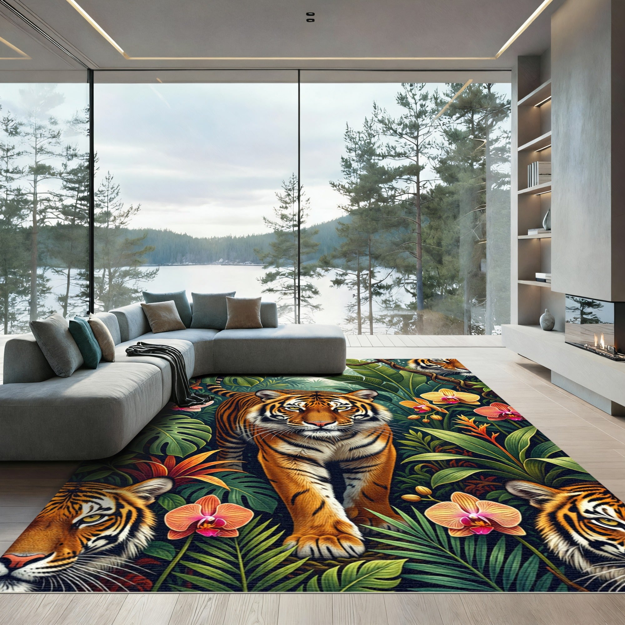Lush Botanical Tiger Jungle Scene Rug