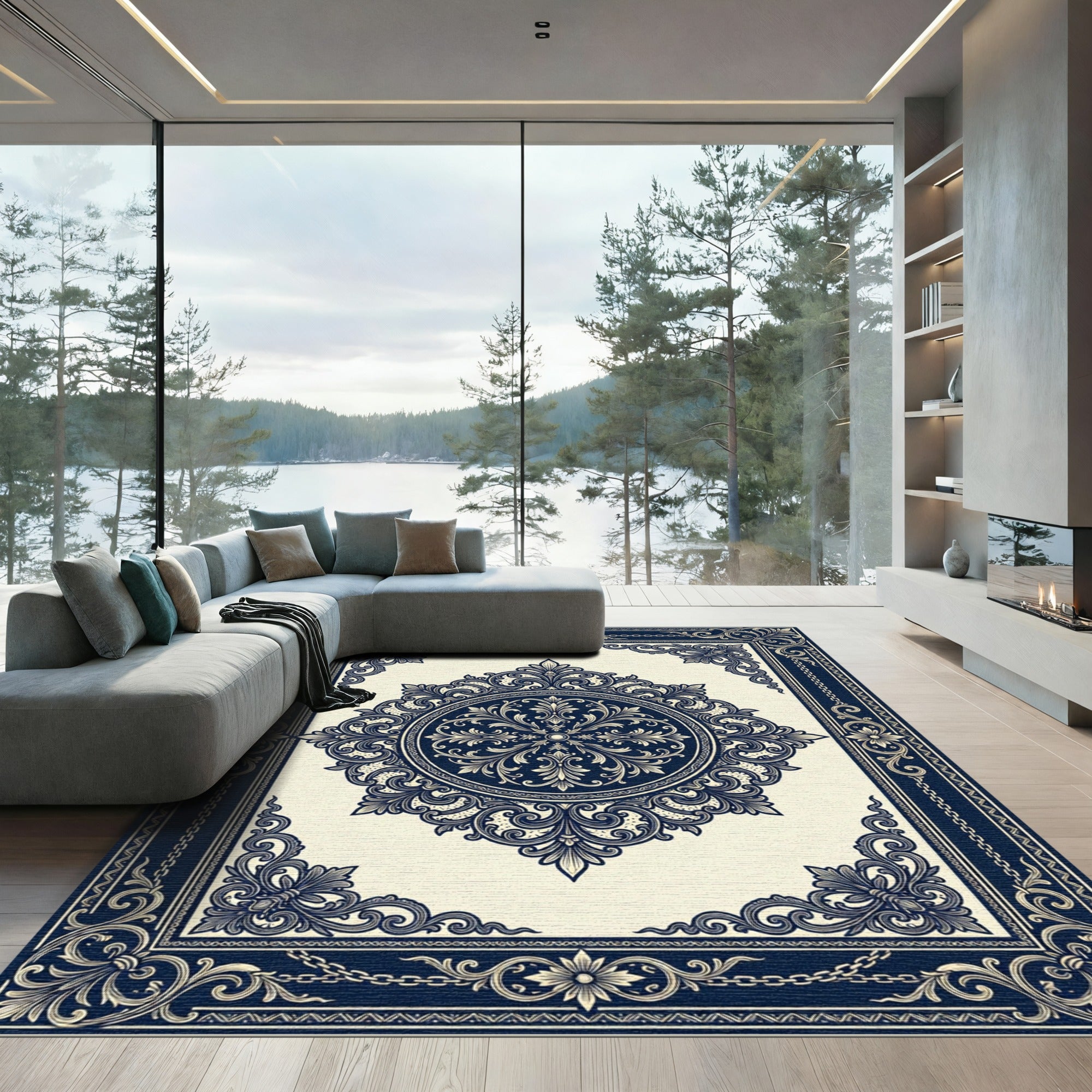 Elegant Navy Cream Ornate Damask Medallion Rug