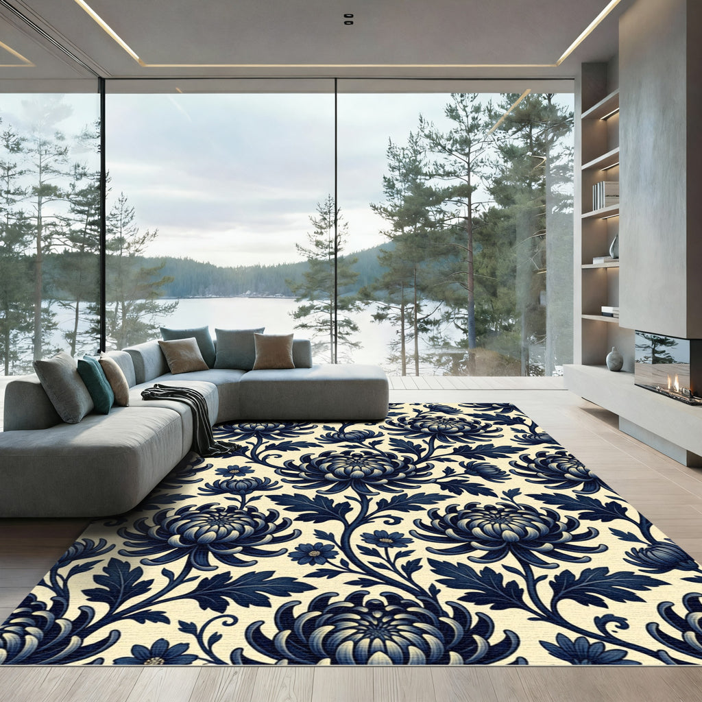 Navy Chrysanthemum Floral Vine Rug