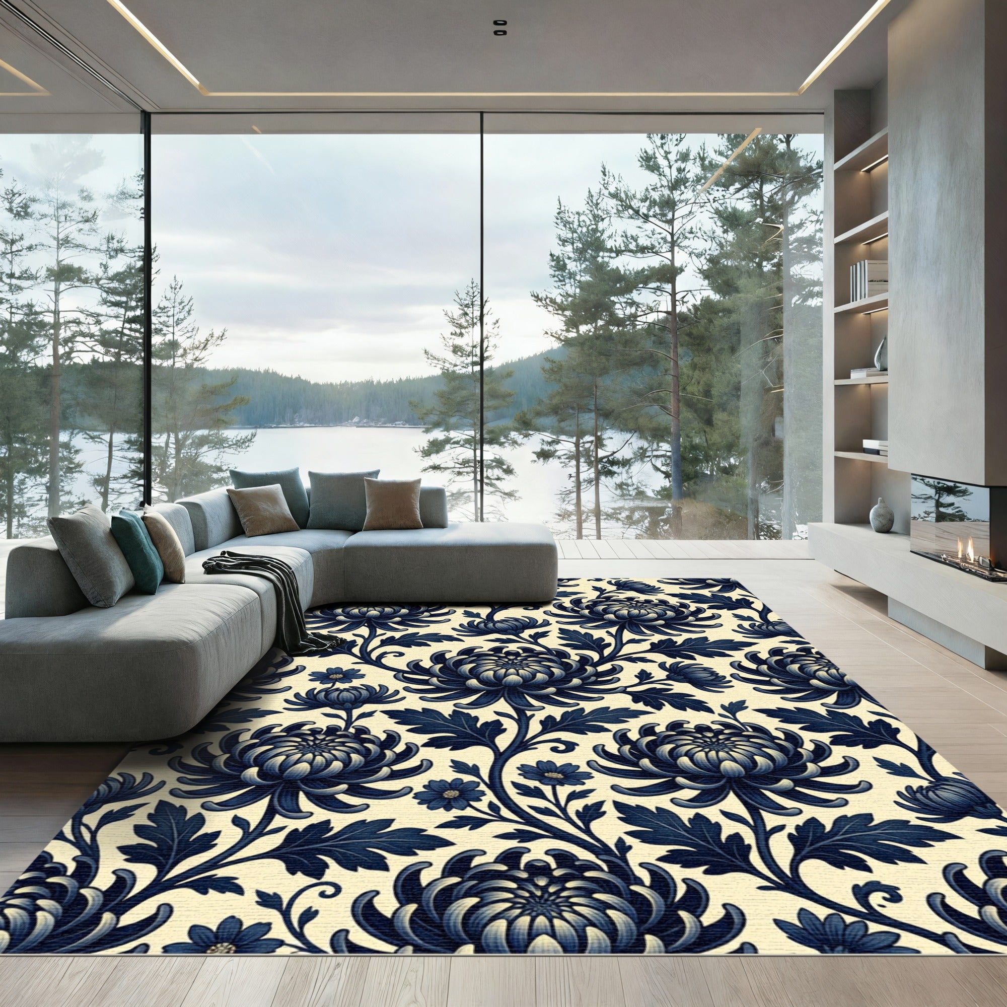 Navy Chrysanthemum Floral Vine Rug