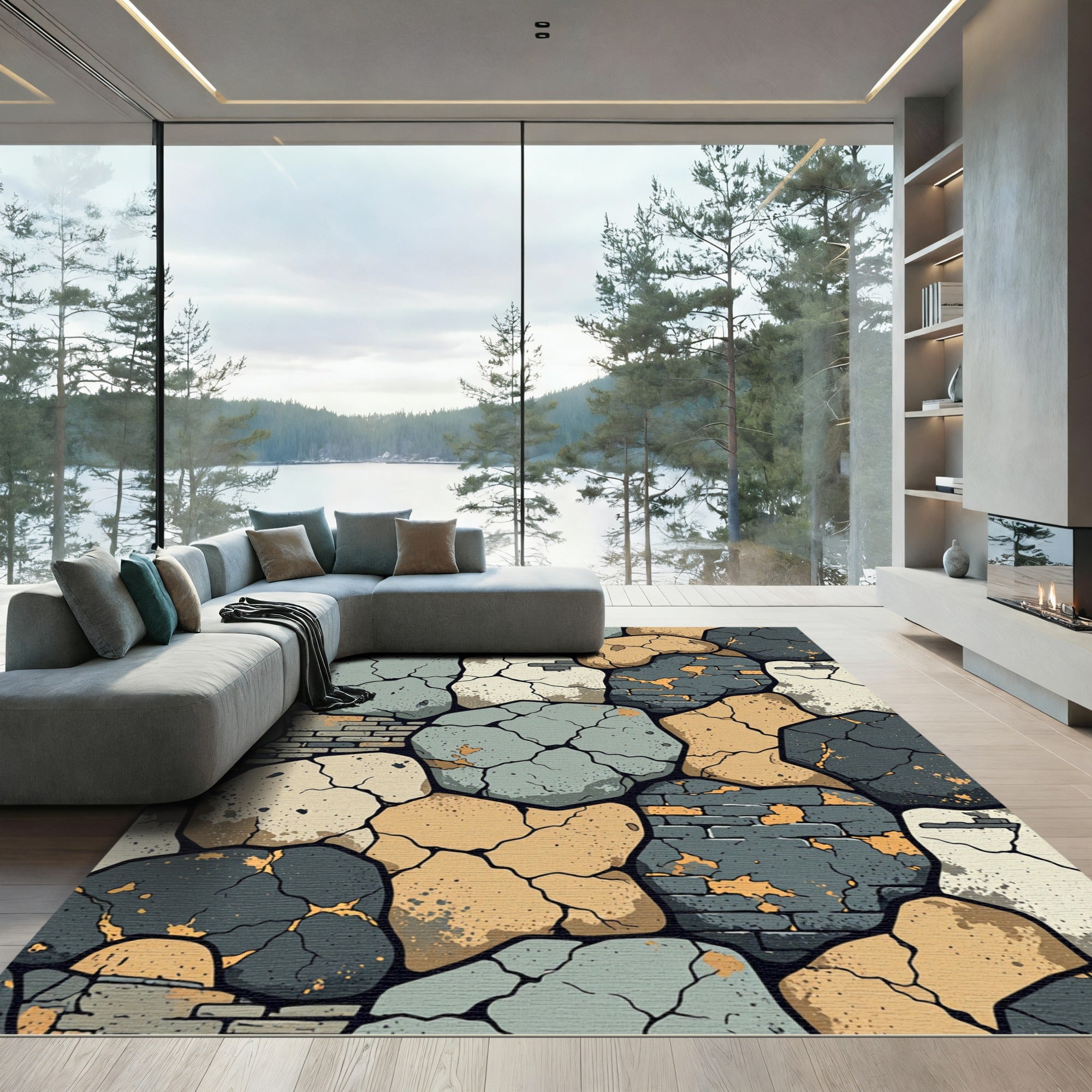 Cracked Stone Brick Mosaic Rug