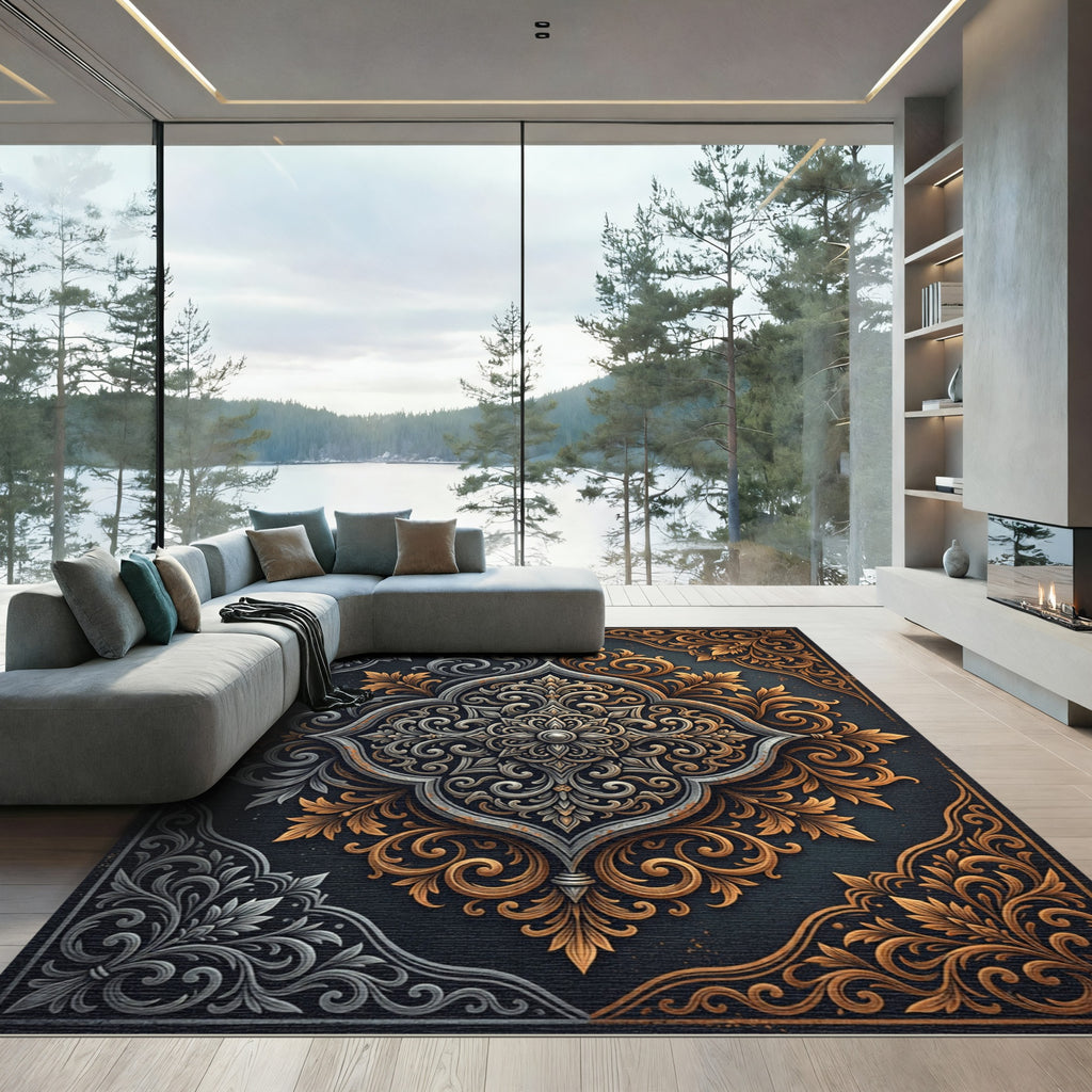 Elegant Silver and Gold Ornate Medallion Rug