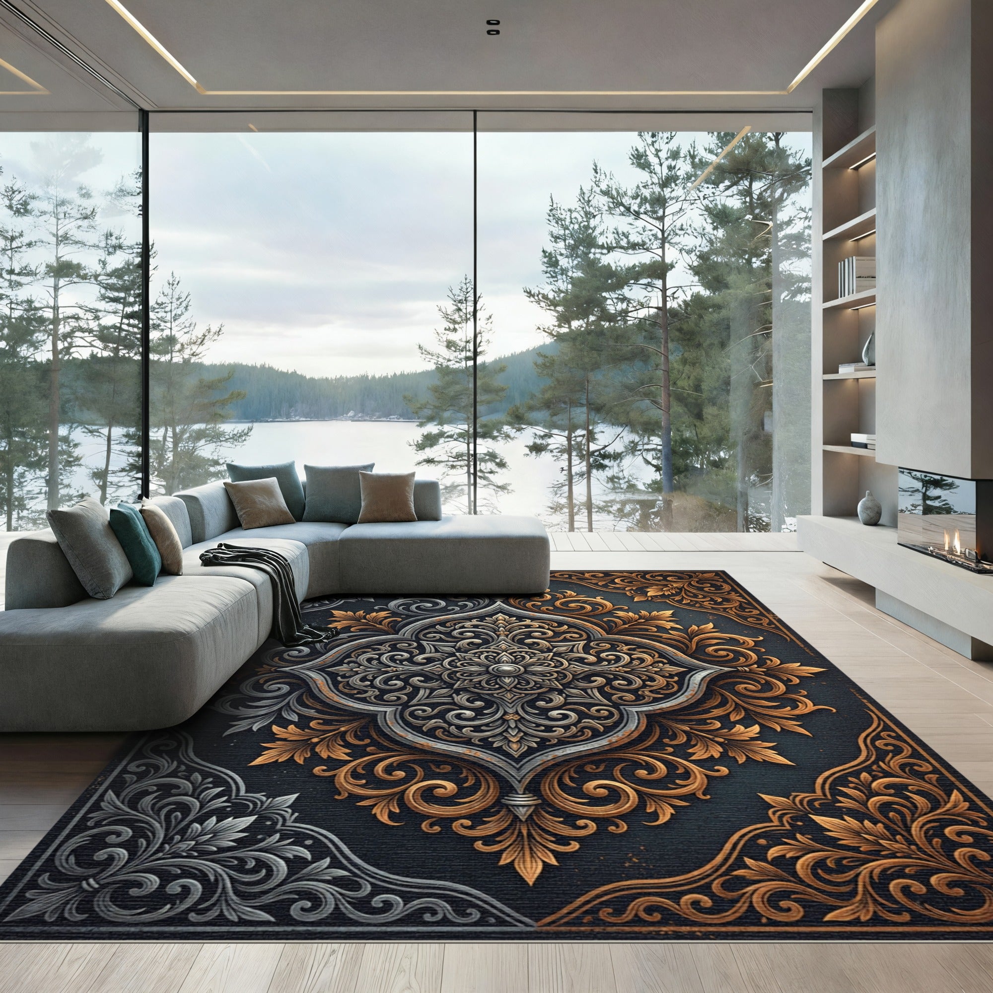 Elegant Silver and Gold Ornate Medallion Rug