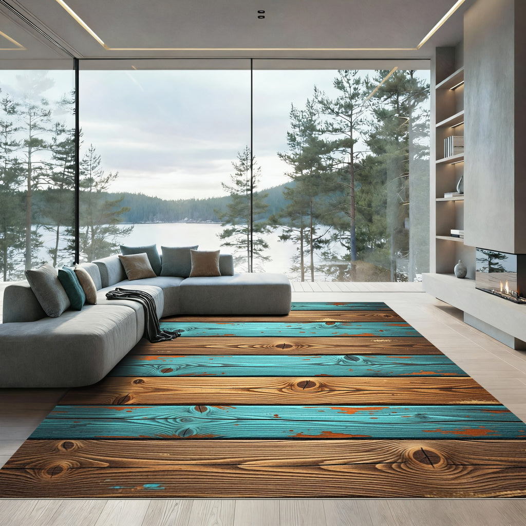 Distressed Aqua Wood Plank Texture Rug