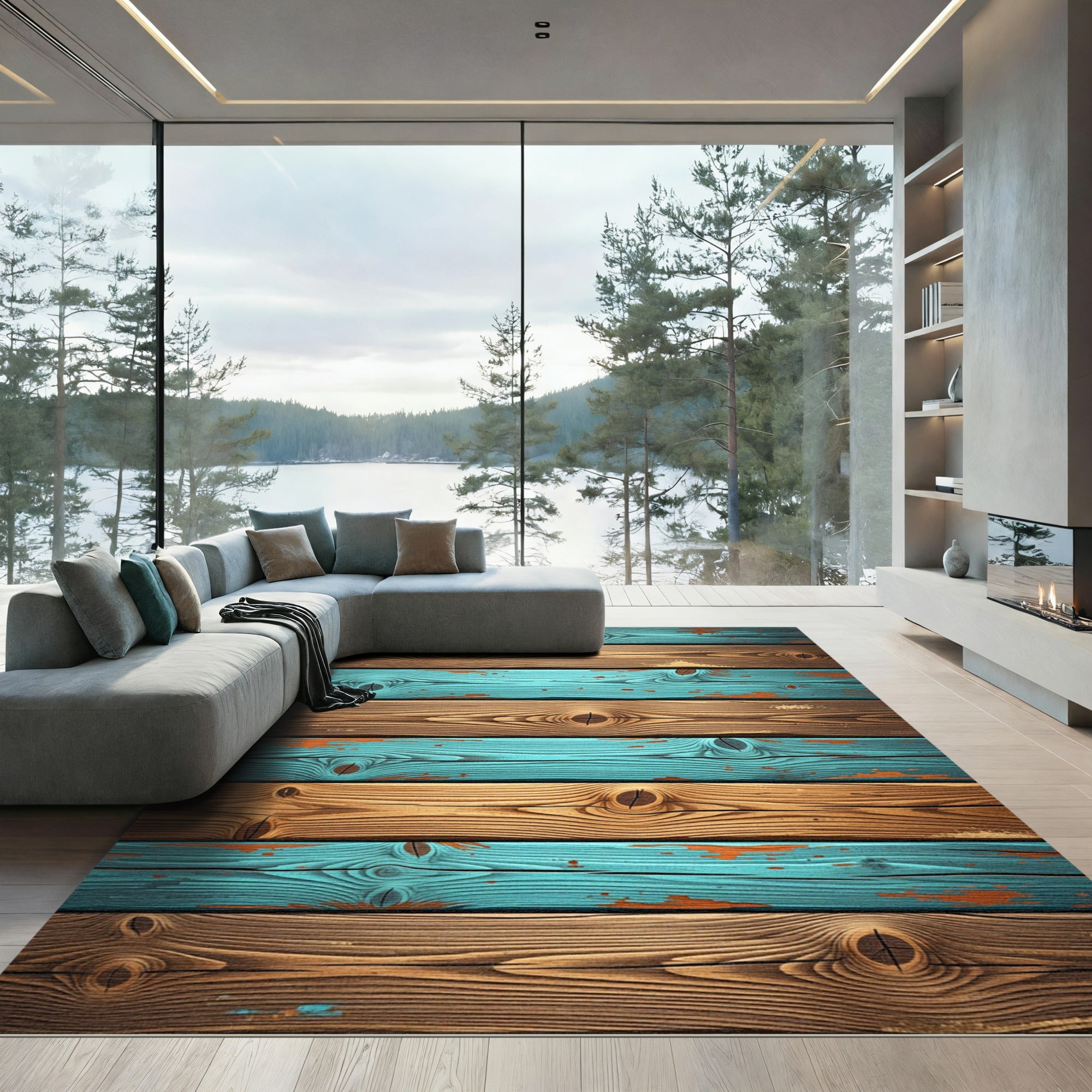 Distressed Aqua Wood Plank Texture Rug