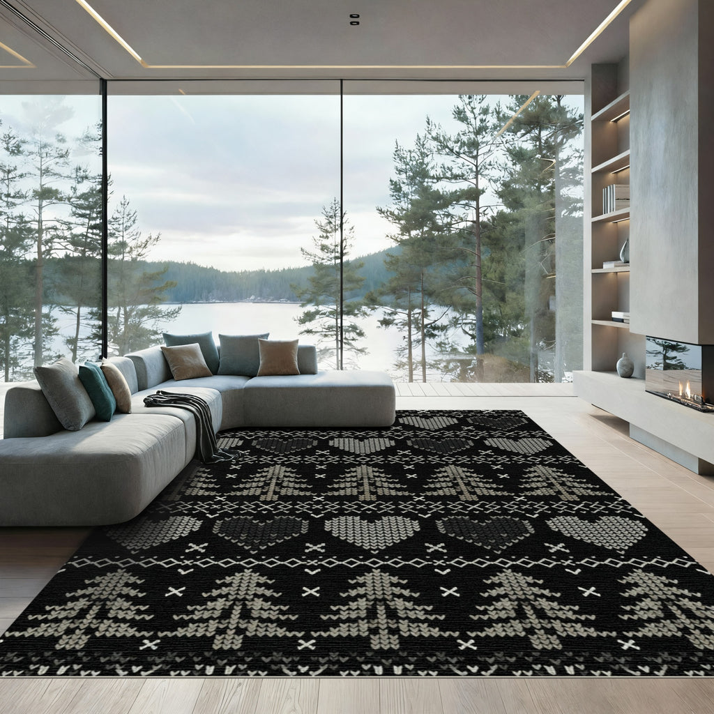 Cozy Gray Heart Tree Stripe Rug